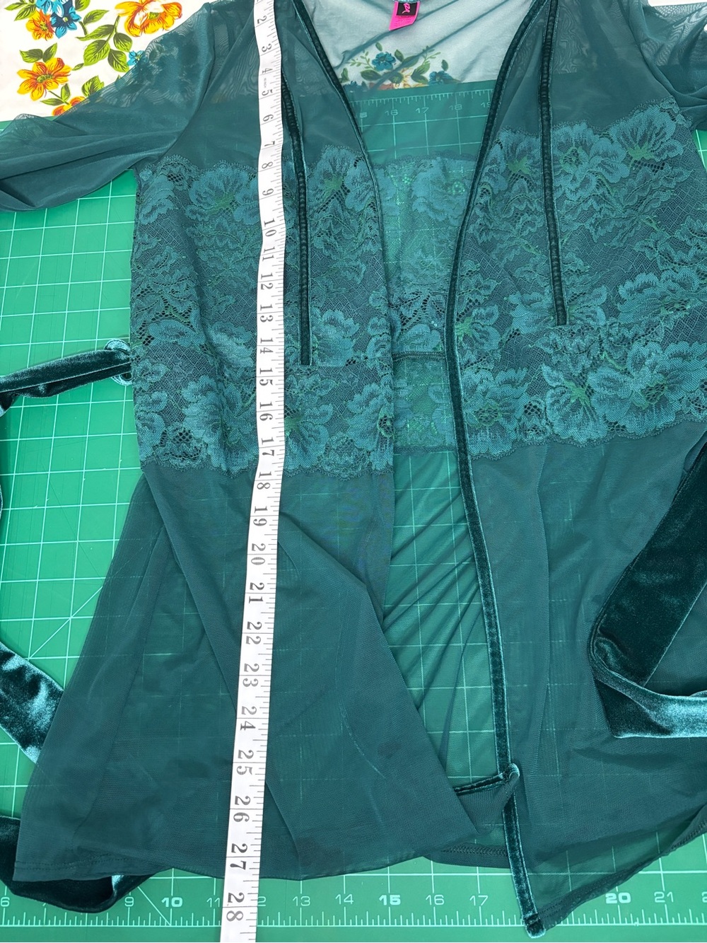 La SENZA Deep Teal Green Sheer Lace Short Robe Satin Tie Mesh Layer Sleepwear - Picture 11 of 12